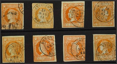 Andalucía. Filatelia. º USADO 52(8). 1860. Conjunto de ocho sellos del 4 cuarto