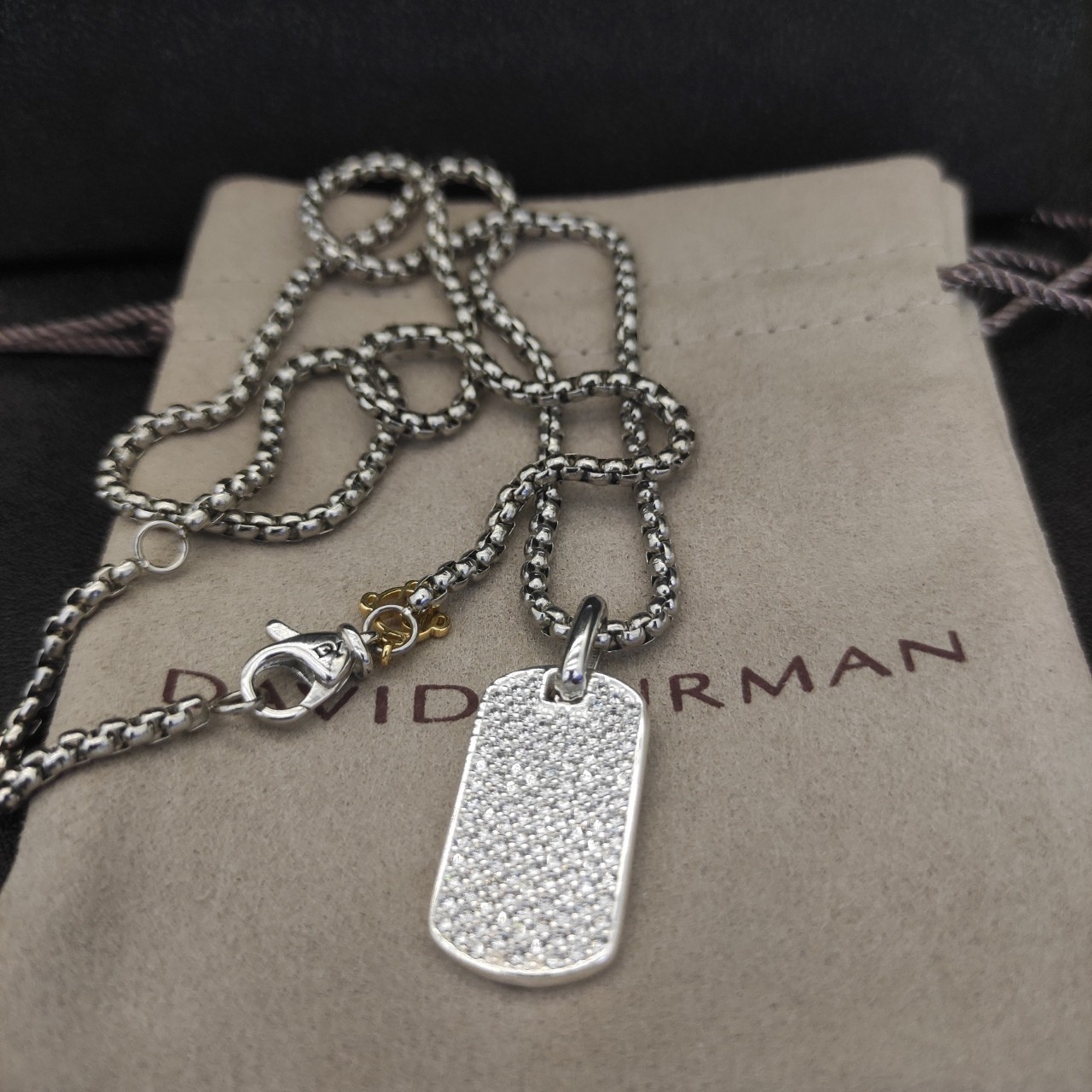 David Yurman 925 Sterling Silver Pavé Diamond Dog Tag Pendant Box Chain Necklace