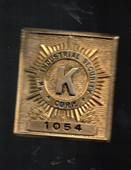 Vintage Plant Guard Badge K Industrial Security Corp Shield BADGE 2" X 2 1/"