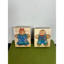 Vtg 98 Set of 2 Wood Mounted Rubber Stamp- Mr  Mrs Gingerbread Garland preowned