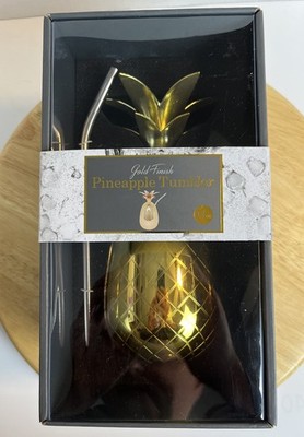 Pineapple Tumbler With Lid And Metal Straw 17 oz. Gold Finish NEW In Box