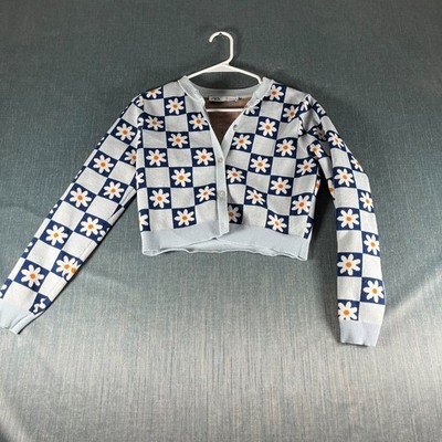 ZARA Women's Sweater Size M Blue White Daisy Flower Cardigan