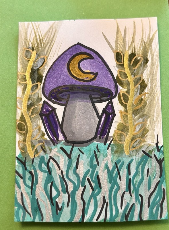 Original ACEO Mushroom Art – "Luna" – Moon Mushroom – OOAK