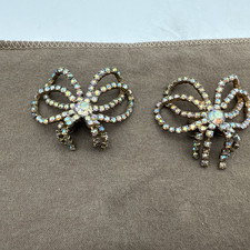 Vintage MUSI Shoe Clips Gold Tone AB Rhinestone Bow Shoe Clips.