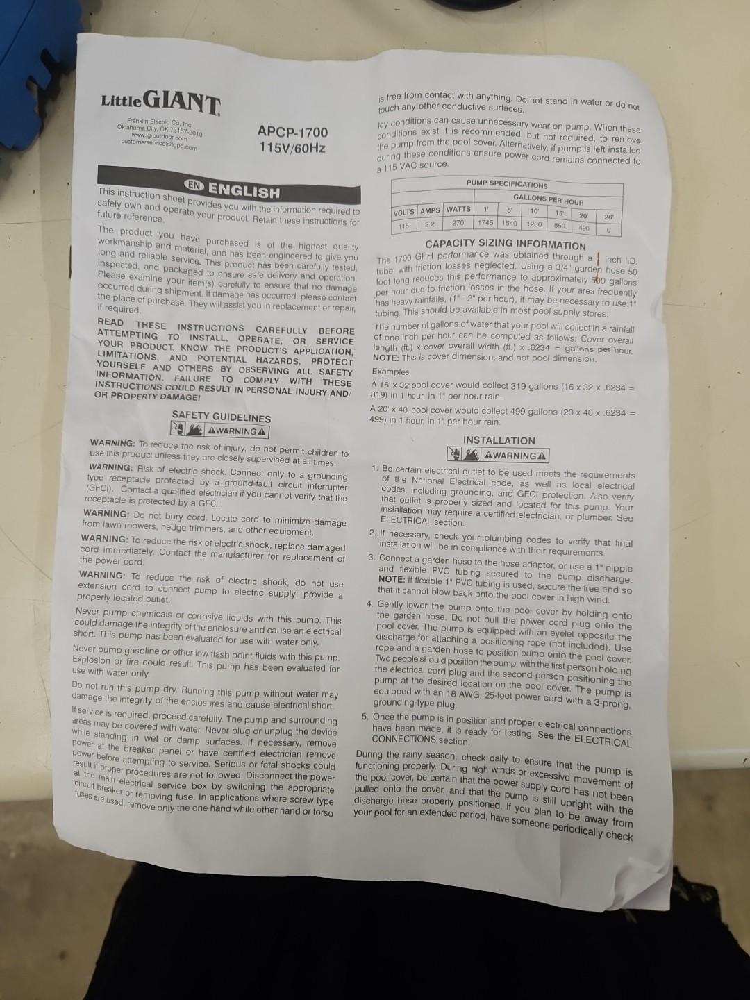 Little Giant Pool Cover Pump Automatic APCP-1700. Untested. 