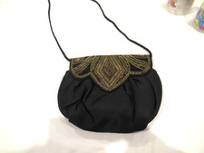 Black satin beaded evening bag, gold and bronze beadwork