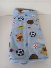 Carters Child of Mine Blue Puppy Dog Sports Balls Baby Blanket Fleece Backing