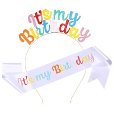 Azkarionyss Birthday Girl Headband Set, Rainbow Sash and Crown, Multi-color