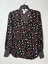 CABI S Black Red Orange Floral Print Blouse White Striped Cuffs V Neck