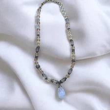 TJT Sterling 925 Beaded Necklace Rose Quarts Teardrop Pendant Necklace Artisan