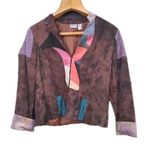 CHICO'S Size 2 Kimono Style Patchwork Jacket Mandarin Collar Multi Color