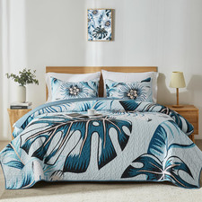 King Quilt Bedding Set,White Green Botanical Pattern Light Blue King/Cal King Qu