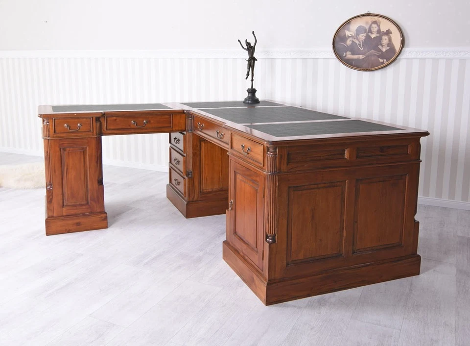 Schreibtisch antik XXL Winkelschreibtisch Partnerdesk Mahagoni Bürotisch Office - Bild 3 von 4
