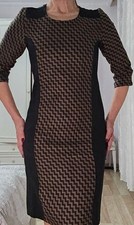 Women’s Bodycon Pencil Dress Black Brown Zigzag Print 3/4 Sleeve Office Size 10
