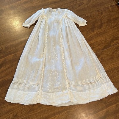 Vintage White Cotton Christening Gown Floral Embroidery Lace Trim Baptism Dress