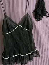 VINTAGE SHEER BLACK NYLON BABY DOLL SHORTIE NIGHTGOWN SHEER BIKINI