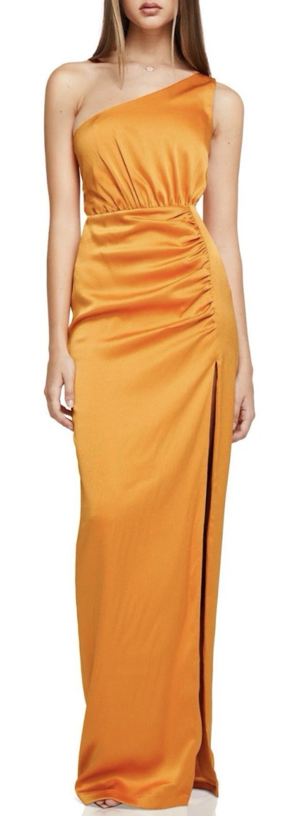 NWT NOOKIE Cocktail UTOPIA GOWN in Mango One Shoulder Side Slit Maxi Dress sz L
