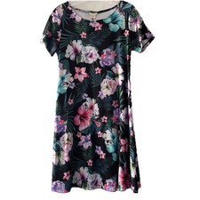 Yelete Women Size Medium Tropical Vibrant Floral Stretchy Beach Comfy Vaca Dress