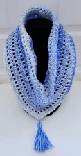 New 30" Cowl Infinity Scarf  - Blue White Tassel - Handmade Hand Crochet Knit