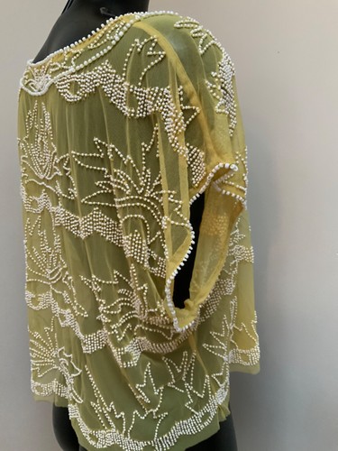 TOPSHOP TOP Short Sleeve BEADED Summer SHEER TULLE NET CROP LEMON WHITE UK 16 - Picture 8 of 15