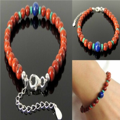8mm Red Jasper Lapis Turquoise Gemstones Silver Clasp Bracelet Men