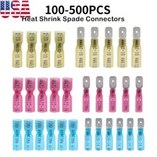 500/100Pcs Heat Shrink Spade Crimp Terminals Wire Connectors Assortment Kit US