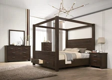 6Pc Brown King Canopy Bed Set Storage Footboard Luxurious Bedroom Furniture