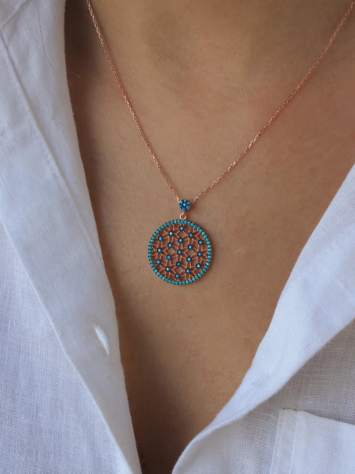 14K Gold Plated 925 Sterling Silver Turquoise Stone Flower of Life Necklace - Image 3 of 4