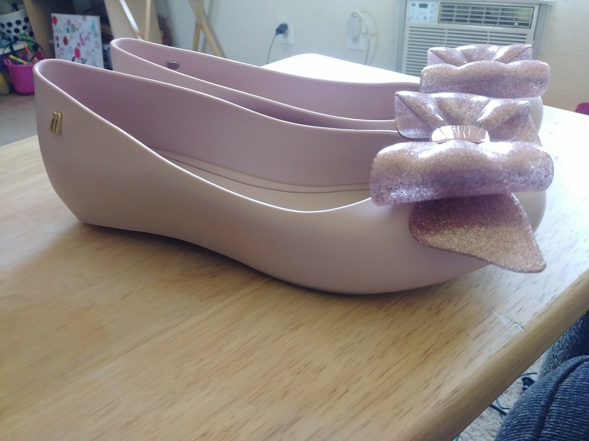 Melissa Ultragirl Sweet Bow Flat With Glitter Sz 6 powder light