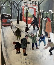 Tableau peinture ancienne Enfants jouant dans la neige signé Guiet XX 