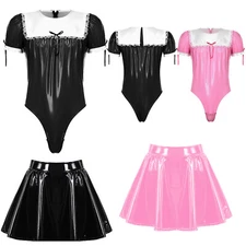 Sissy Men Shiny Metallic Leather Leotard French Maid Costume and Flared Skirt