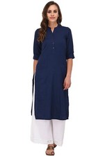 Cotton Kurta For Women with Two Patch Pockets Navy Blue Solid Kurti Dress