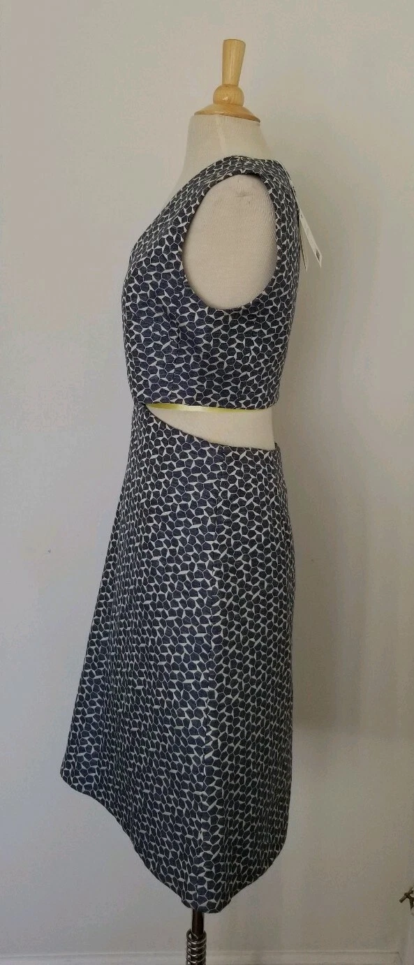 Abito Tory Burch blu navy panna tessera ginocchio lino taglia 8 $495