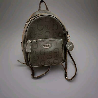 GUESS Mini Backpack Handbag Gray Logo Black trim front zipper Faux  Leather LA