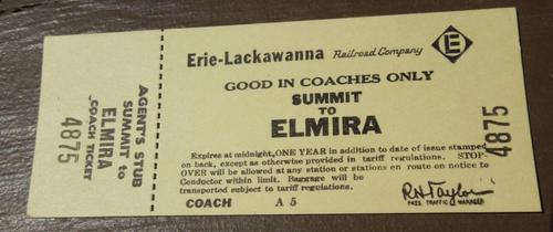Erie Lackawanna Railroad Coach Railroad Passenger Ticket Stub Summit to Elmira