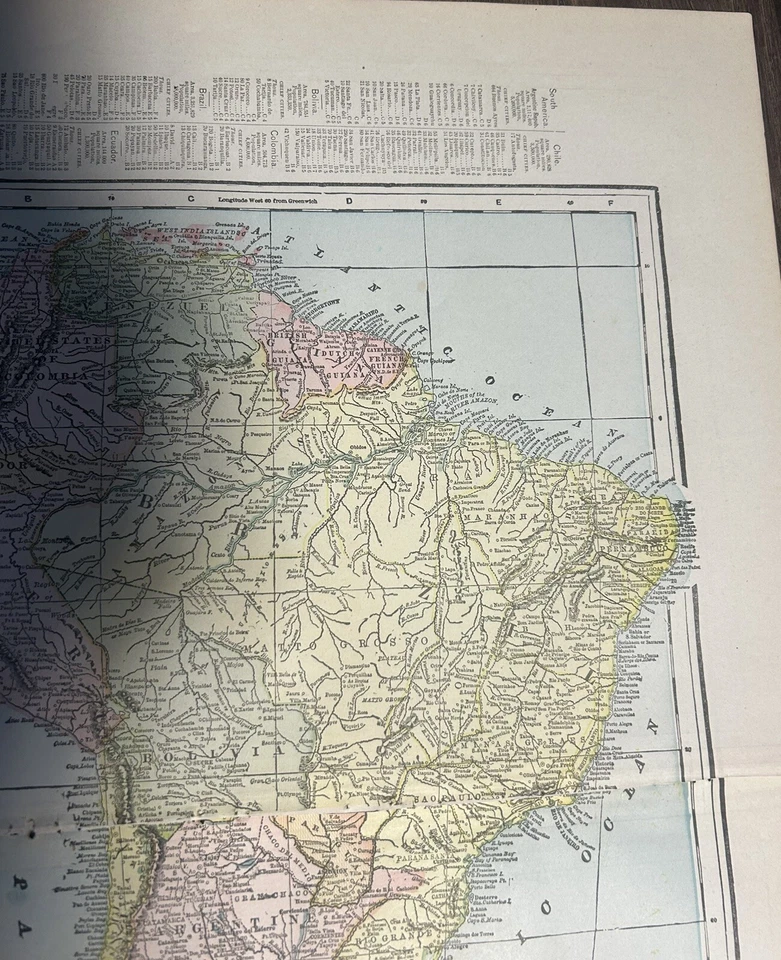 Antiguo mapa desplegable a todo color 1900 América del Sur Europa Centroamérica. "22x14,5"" Foto 4 de 4