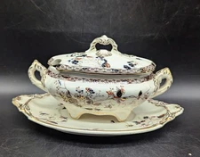 Antique Dunn Bennett Co Polychrome Transferware Lidded Sauce Tureen W Underplate