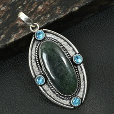 Nephrite Jade Blue Topaz Gemstone Ethnic Handmade Pendant Jewelry 2.72