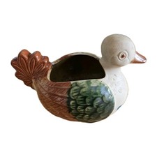 Vintage Clay Art Pottery Duck Planter Stoneware W/Multi Color Glazed Accents