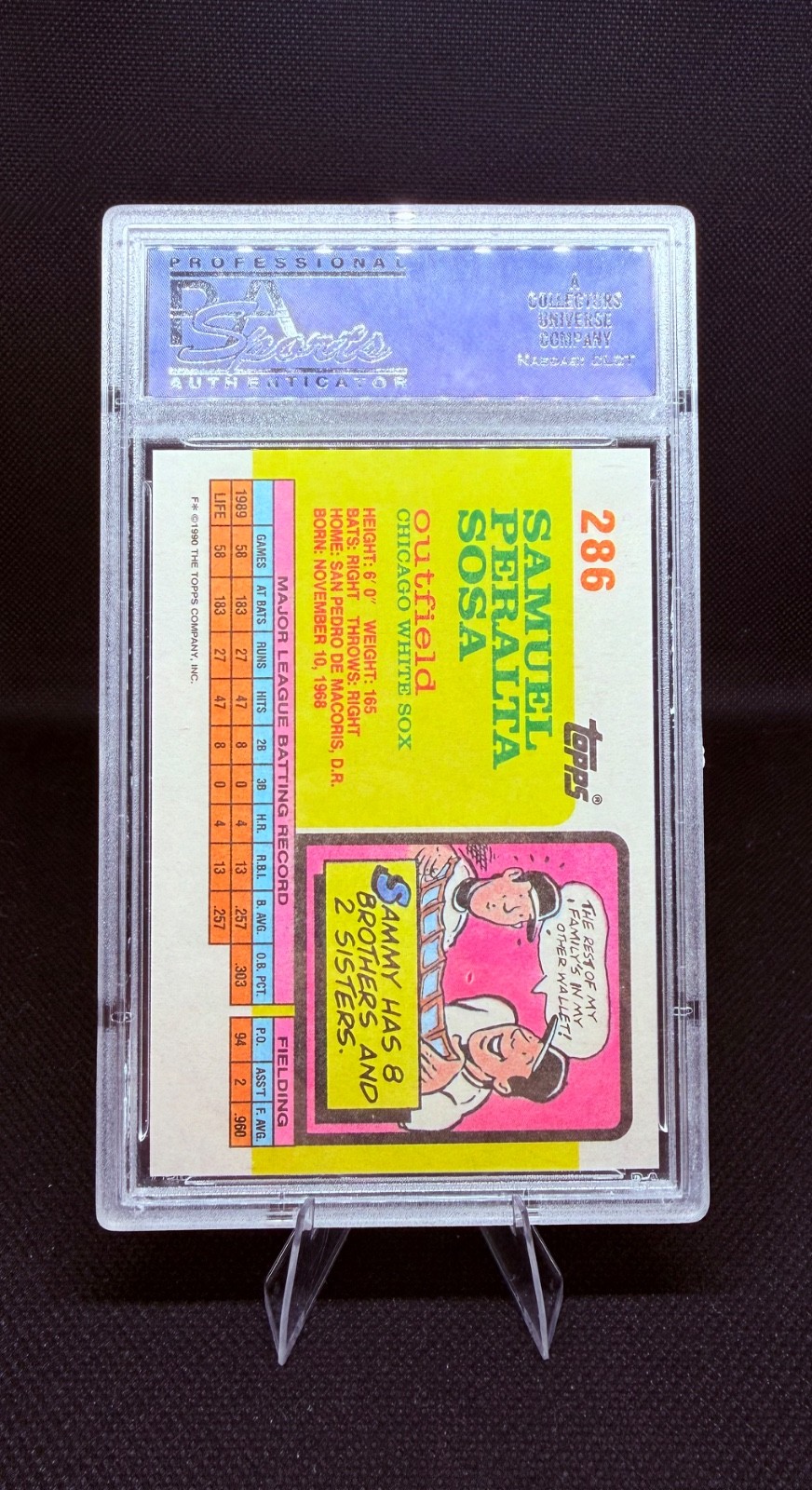 1990 Topps Sammy Sosa Big Baseball Rookie RC #286 PSA 10 Gem Mint White Sox view 2