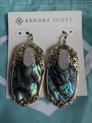 Kendra Scott Deva Statement Earrings Iridescent Drusy Abalone Shell Gold Tone