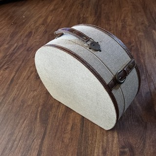 Vintage Cute Travel Case Hat Box Decor Tweed Leather Strap Snap Flat Bottom