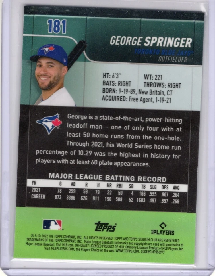 2022 Topps Stadium Club Chrome George Springer #181 X-Fractor Toronto Blue Jays - Image 2 of 2