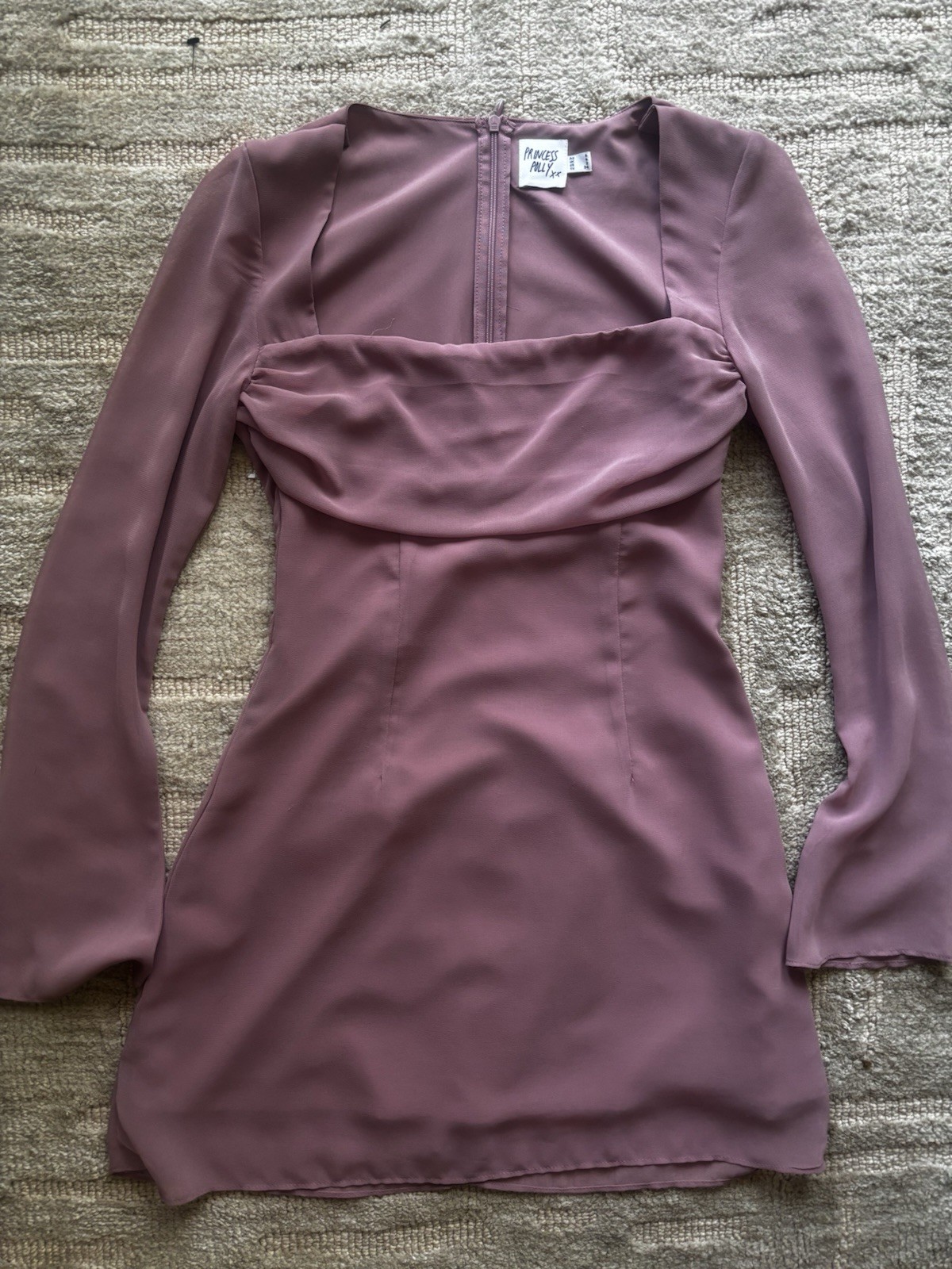 Princess Polly Mauve Long Sleeve Mini Dress Size US 2 AU 6 Square Neck Bodycon