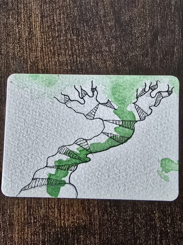 ACEO Original Art by SY Tree Green Leaves Fantasy Whimsical Series Glitter 