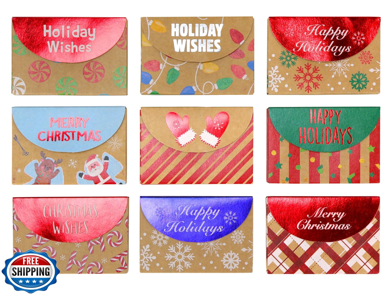 Iconikal Christmas Holiday Foil Embossed Kraft Gift Card Holder Boxes, Set of