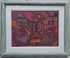 Kuna Mola Art Handcrafted Needlepoint Framed Birds Panama Folk Art Clean