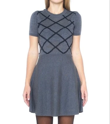 VALENTINO Robe Évasée En Laine Gris Noir Motif Dentelle À Carreaux Taille S - Photo 1/4