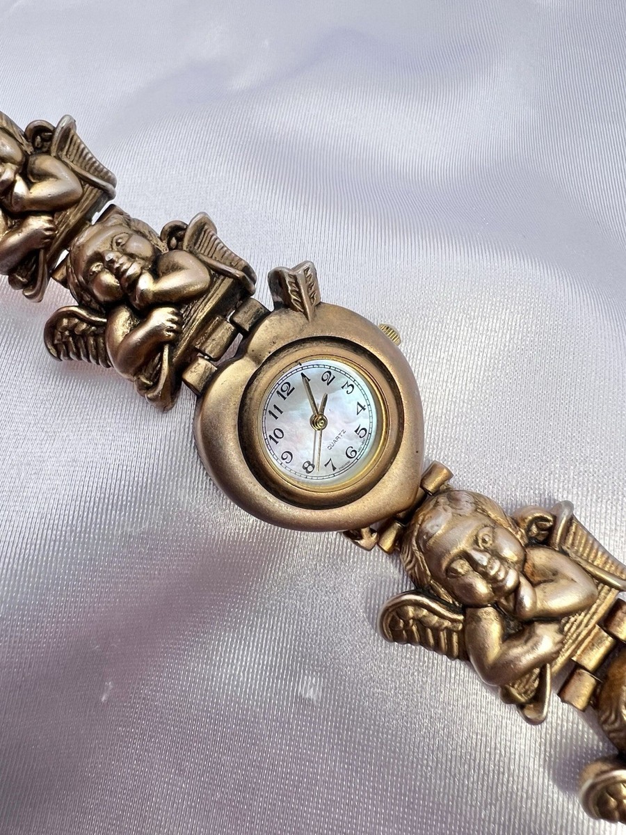 Vintage Cherub Gold Tone Heart Watch Angelic Mother Of Pearl  display picture 3