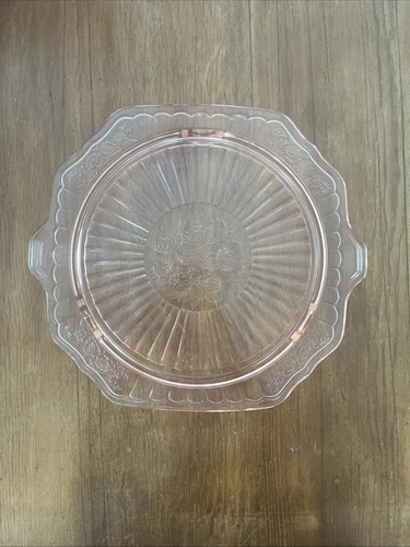 1930's Anchor Hocking Pink Depression Glass Footed Cake Plate Mayfair Open Rose